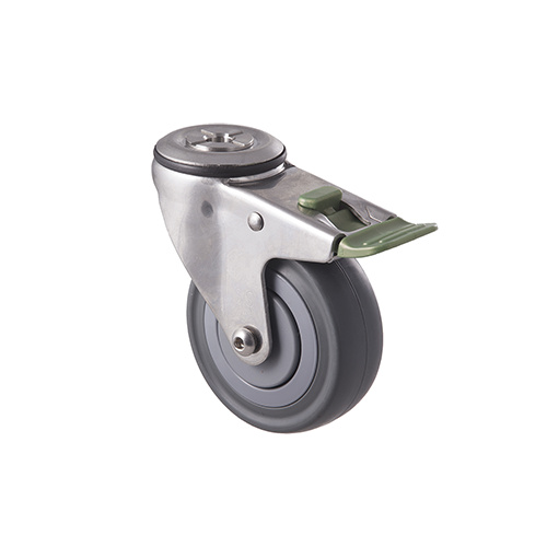 140kg Rated Stainless Steel Heavy Duty Castor - Grey Rubber Wheel - 100mm - Bolt Hole Directional Lock- Plain Bearing