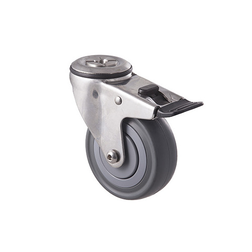 140kg Rated Stainless Steel Heavy Duty Castor - Grey Rubber Wheel - 100mm - Bolt Hole Brake - Plain Bearing
