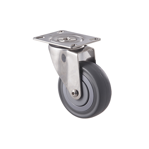 140kg Rated Stainless Steel Heavy Duty Castor - Grey Rubber Wheel - 100mm - Plate Swivel - Plain Bearing - ISO
