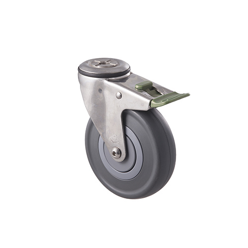 150kg Rated Stainless Steel Heavy Duty Castor - Grey Rubber Wheel - 125mm - Bolt Hole Directional Lock- Plain Bearing