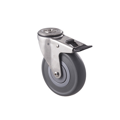 150kg Rated Stainless Steel Heavy Duty Castor - Grey Rubber Wheel - 125mm - Bolt Hole Brake - Plain Bearing