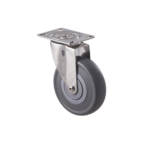 150kg Rated Stainless Steel Heavy Duty Castor - Grey Rubber Wheel - 125mm - Plate Swivel - Plain Bearing - ISO