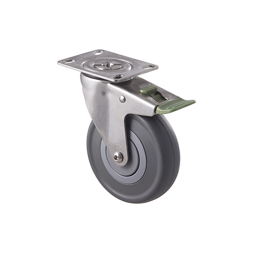 150kg Rated Stainless Steel Heavy Duty Castor - Grey Rubber Wheel - 125mm - Plate Directional Lock - Plain Bearing - ISO