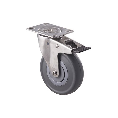 150kg Rated Stainless Steel Heavy Duty Castor - Grey Rubber Wheel - 125mm - Plate Brake - Plain Bearing - ISO