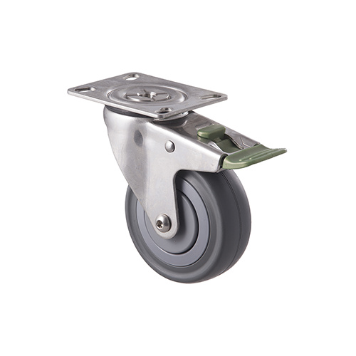 140kg Rated Stainless Steel Heavy Duty Castor - Grey Rubber Wheel - 100mm - Plate Directional Lock - Ball Bearing - ISO