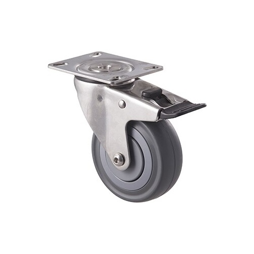 140kg Rated Stainless Steel Heavy Duty Castor - Grey Rubber Wheel - 100mm - Plate Brake - Ball Bearing - ISO