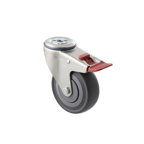 140kg Rated Industrial Castor - Grey Rubber Wheel - 100mm - Bolt Hole Brake - Ball Bearing