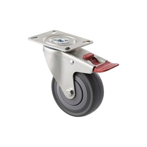 140kg Rated Industrial Castor - Grey Rubber Wheel - 100mm - Plate Brake - Ball Bearing - ISO