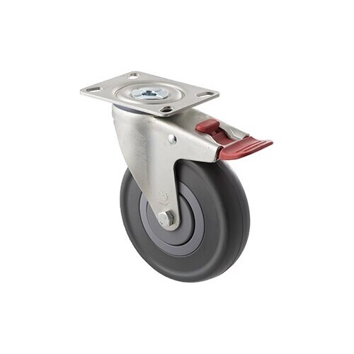150kg Rated Industrial Castor - Grey Rubber Wheel - 125mm - Plate Brake - Ball Bearing - NA