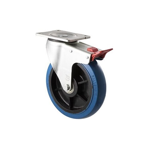 400kg Rated Industrial Hi Resilience Castor - Rubber Wheel - 200mm - Plate Brake - Ball Bearing - NA