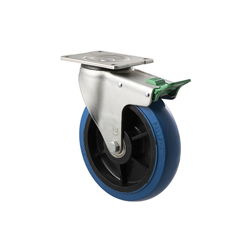 400kg Rated Industrial Hi Resilience Castor - Rubber Wheel - 200mm - Plate Direction Lock - Ball Bearing - ISO