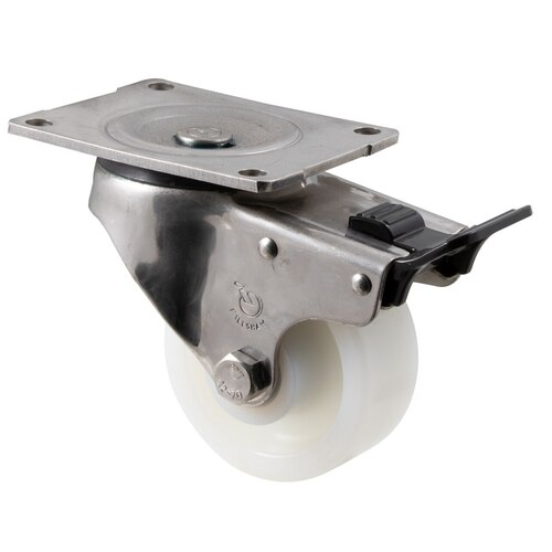 350kg Rated Stainless Steel Heavy Duty Castor - White Nylon Wheel - 100mm - Plate Brake - Plain Bearing - NA