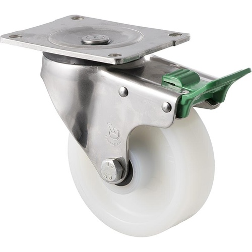 380kg Rated Stainless Steel Heavy Duty Castor - White Nylon Wheel - 125mm - Plate Direction Lock - Plain Bearing - ISO