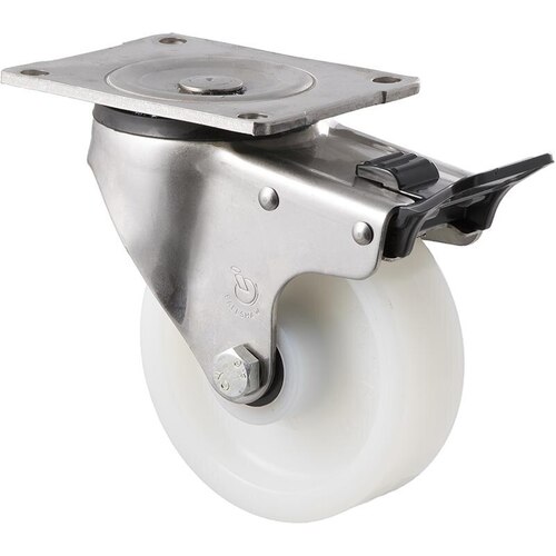 380kg Rated Stainless Steel Heavy Duty Castor - White Nylon Wheel - 125mm - Plate Brake - Plain Bearing - ISO