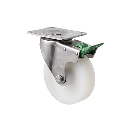 450kg Rated Stainless Steel Heavy Duty Castor - White Nylon Wheel - 150mm - Plate Direction Lock - Plain Bearing - ISO