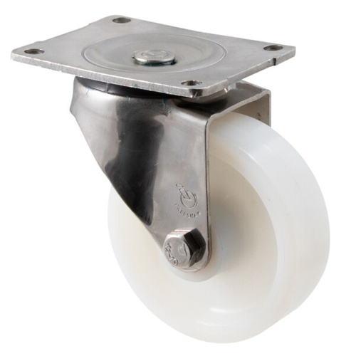 450kg Rated Stainless Steel Heavy Duty Castor - White Nylon Wheel - 150mm - Plate Swivel - Plain Bearing - NA