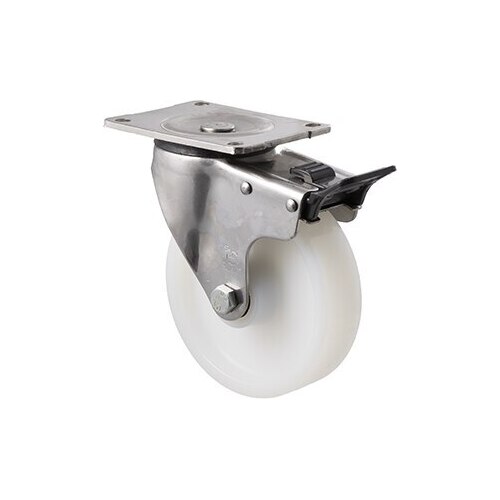 450kg Rated Stainless Steel Heavy Duty Castor - White Nylon Wheel - 150mm - Plate Brake - Plain Bearing - ISO