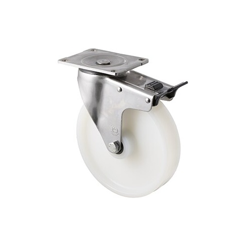 500kg Rated Industrial Castor - White Nylon Wheel - 200mm - Plate Brake - Plain Bearing - ISO