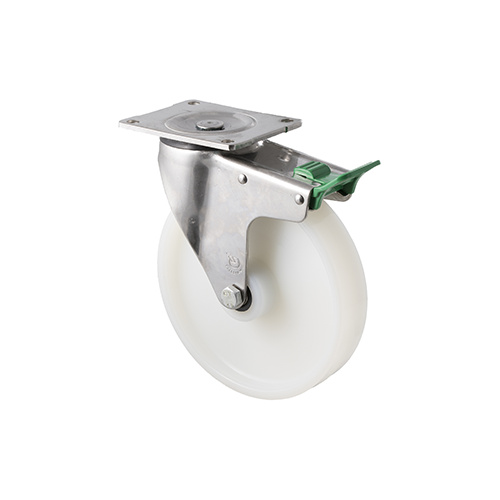 500kg Rated Industrial Castor - White Nylon Wheel - 200mm - Plate Direction Lock - Plain Bearing - NA
