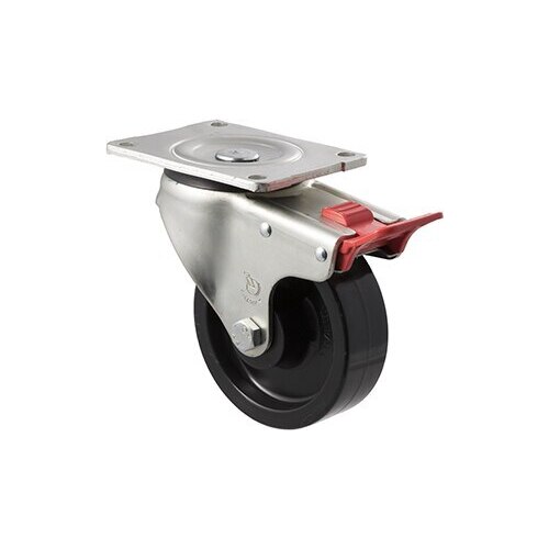 400kg Rated Industrial Castor - Nylon Wheel - 125mm - Plate Brake - Roller Bearing - NA