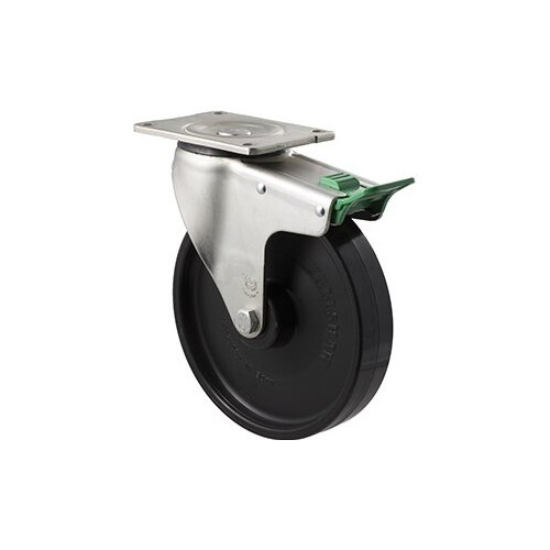 450kg Rated Industrial Castor - Nylon Wheel - 200mm - Plate Direction Lock - Roller Bearing - ISO