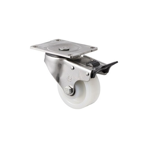 350kg Rated Stainless Steel Heavy Duty Castor - White Nylon Wheel - 100mm - Plate Brake - Roller Bearing - ISO