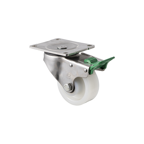 350kg Rated Stainless Steel Heavy Duty Castor - White Nylon Wheel - 100mm - Plate Direction Lock - Roller Bearing - NA