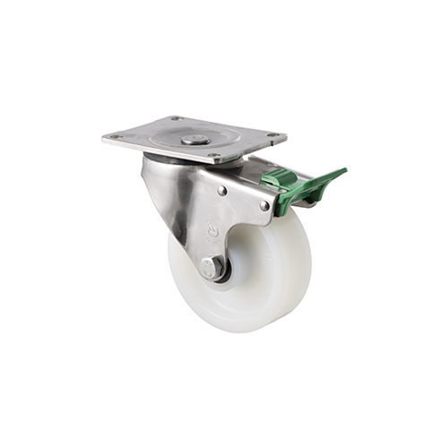 380kg Rated Stainless Steel Heavy Duty Castor - White Nylon Wheel - 125mm - Plate Direction Lock - Roller Bearing - NA