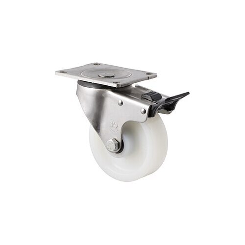 380kg Rated Stainless Steel Heavy Duty Castor - White Nylon Wheel - 125mm - Plate Brake - Roller Bearing - NA