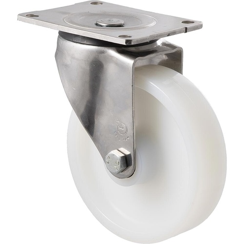 450kg Rated Stainless Steel Heavy Duty Castor - White Nylon Wheel - 150mm - Plate Swivel - Roller Bearing - ISO