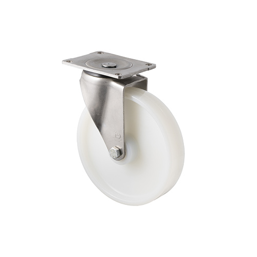 500kg Rated Stainless Steel Heavy Duty Castor - White Nylon Wheel - 200mm - Plate Swivel - Roller Bearing - NA