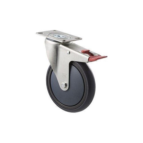 200kg Rated Industrial Castor - Grey Rubber Wheel - 150mm - Plate Brake - Plain Bearing - ISO