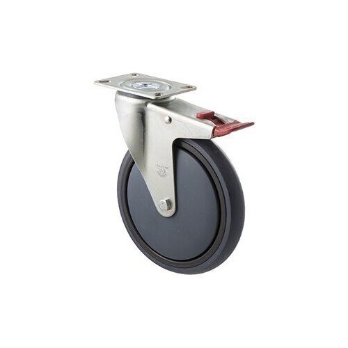 200kg Rated Industrial Castor - Grey Rubber Wheel - 175mm - Plate Brake - Plain Bearing - NA
