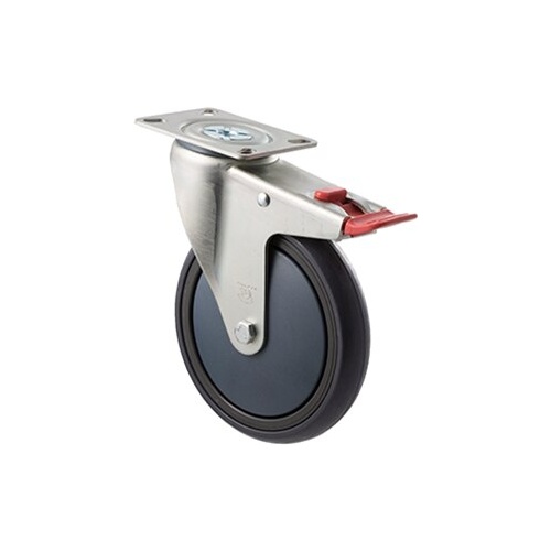200kg Rated Industrial Castor - Grey Rubber Wheel - 150mm - Plate Brake - Ball Bearing - ISO
