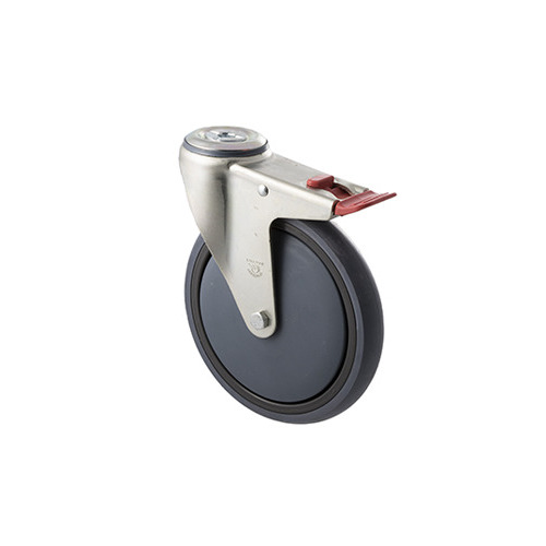 200kg Rated Industrial Castor - Grey Rubber Wheel - 175mm - Bolt Hole Brake - Ball Bearing