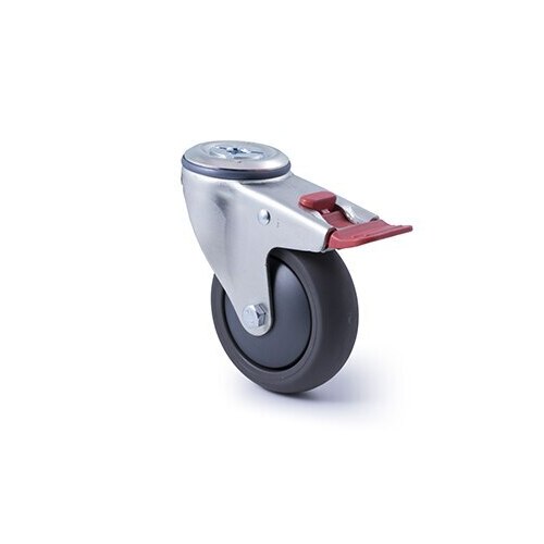 200kg Rated Industrial Castor - Polyurethane Wheel - 100mm - Bolt Hole Brake - Ball Bearing