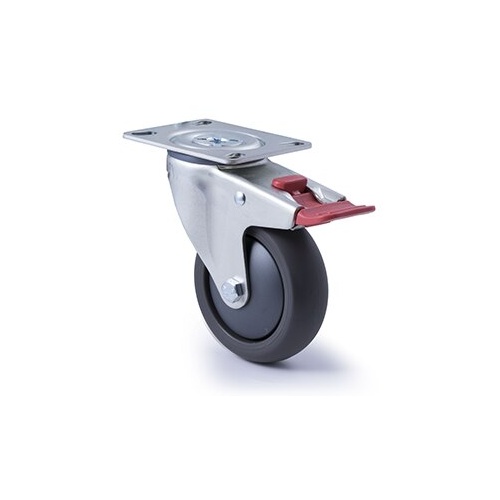 200kg Rated Industrial Castor - Polyurethane Wheel - 100mm - Plate Brake - Ball Bearing - ISO