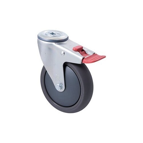 200kg Rated Industrial Castor - Polyurethane Wheel - 125mm - Bolt Hole Brake - Ball Bearing