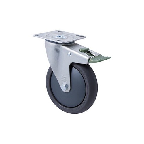 200kg Rated Industrial Castor - Polyurethane Wheel - 125mm - Plate Directional Lock - Ball Bearing - ISO