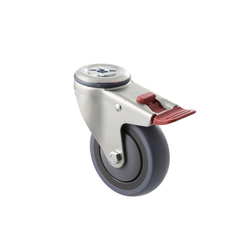 100kg Rated Industrial Castor - Grey Rubber Wheel - 100mm - Bolt Hole Brake - Ball Bearing