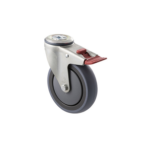 100kg Rated Industrial Castor - Grey Rubber Wheel - 125mm - Bolt Hole Brake - Ball Bearing