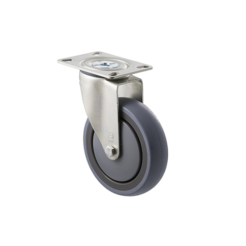 100kg Rated Industrial Castor - Grey Rubber Wheel - 125mm - Plate Swivel - Ball Bearing - ISO