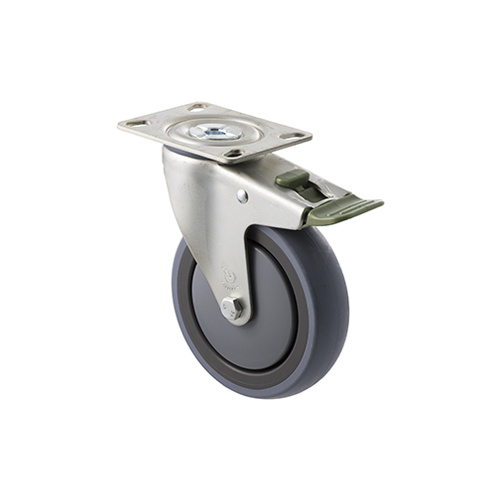 100kg Rated Industrial Castor - Grey Rubber Wheel - 125mm - Plate Directional Lock - Ball Bearing - ISO