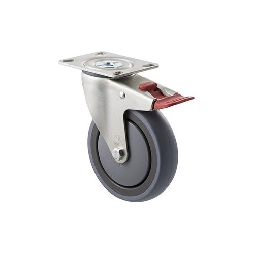 100kg Rated Industrial Castor - Grey Rubber Wheel - 125mm - Plate Brake - Ball Bearing - NA