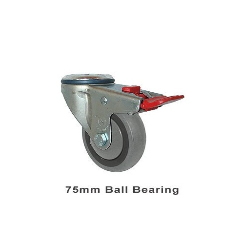 100kg Rated Industrial Castor - Grey Rubber Wheel - 75mm - Bolt Hole Brake - Ball Bearing