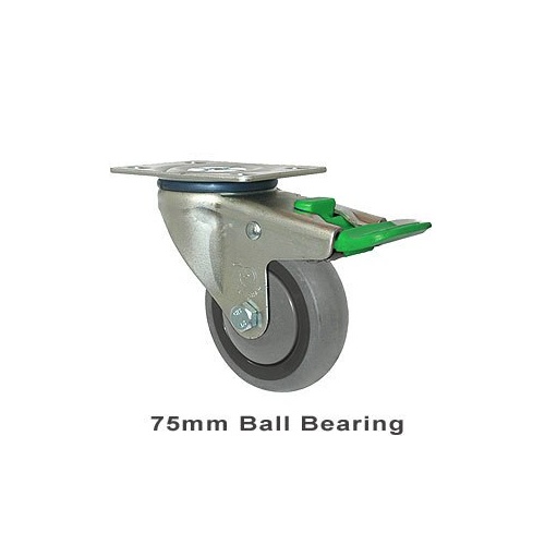 100kg Rated Industrial Castor - Grey Rubber Wheel - 75mm - Plate Directional Lock - Ball Bearing - NA