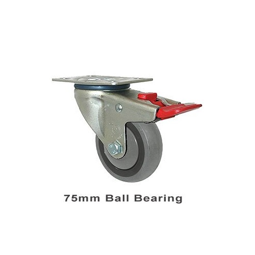 100kg Rated Industrial Castor - Grey Rubber Wheel - 75mm - Plate Brake - Ball Bearing - ISO