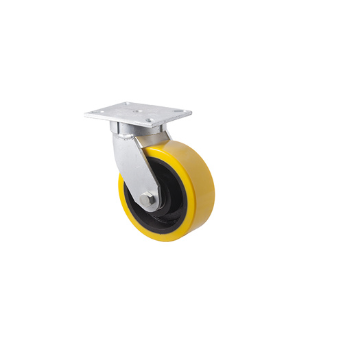 2000kg Rated Industrial Cast Iron Castor - Polyurethane on Cast Iron Wheel - 203mm - Plate Swivel - Ball Bearing