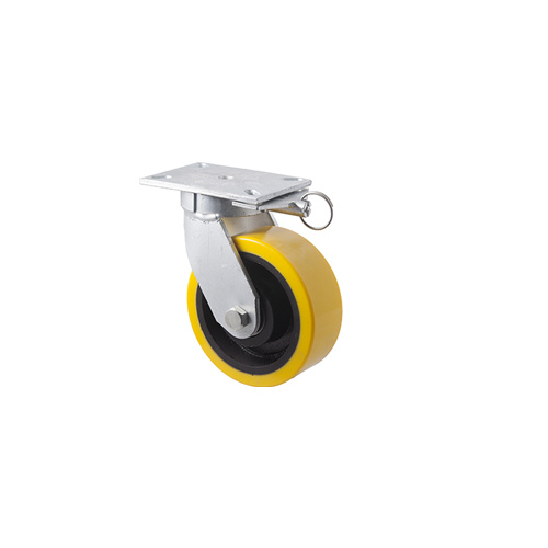 2000kg Rated Industrial Cast Iron Castor - Polyurethane on Cast Iron Wheel - 203mm - Plate Direction Lock - Ball Bearing