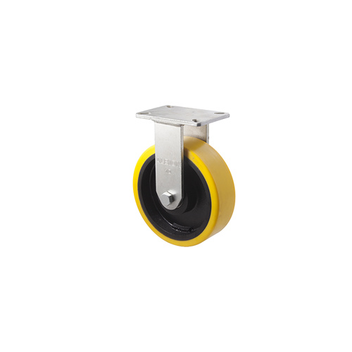 2000kg Rated Industrial Cast Iron Castor - Polyurethane on Cast Iron Wheel - 254mm - Plate Fixed - Ball Bearing
